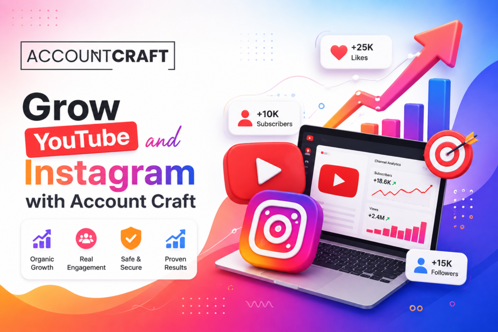 Account Craft YouTube and Instagram growth banner featuring social media analytics, subscriber growth, follower increase, engagement metrics, and secure account marketplace services.
