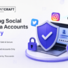 Account Craft secure social media account selling banner featuring protected account transfer, security shield, laptop, and social media platform icons.