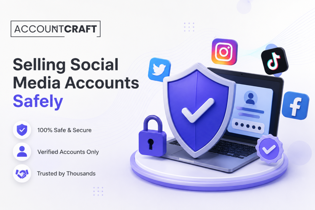 Account Craft secure social media account selling banner featuring protected account transfer, security shield, laptop, and social media platform icons.