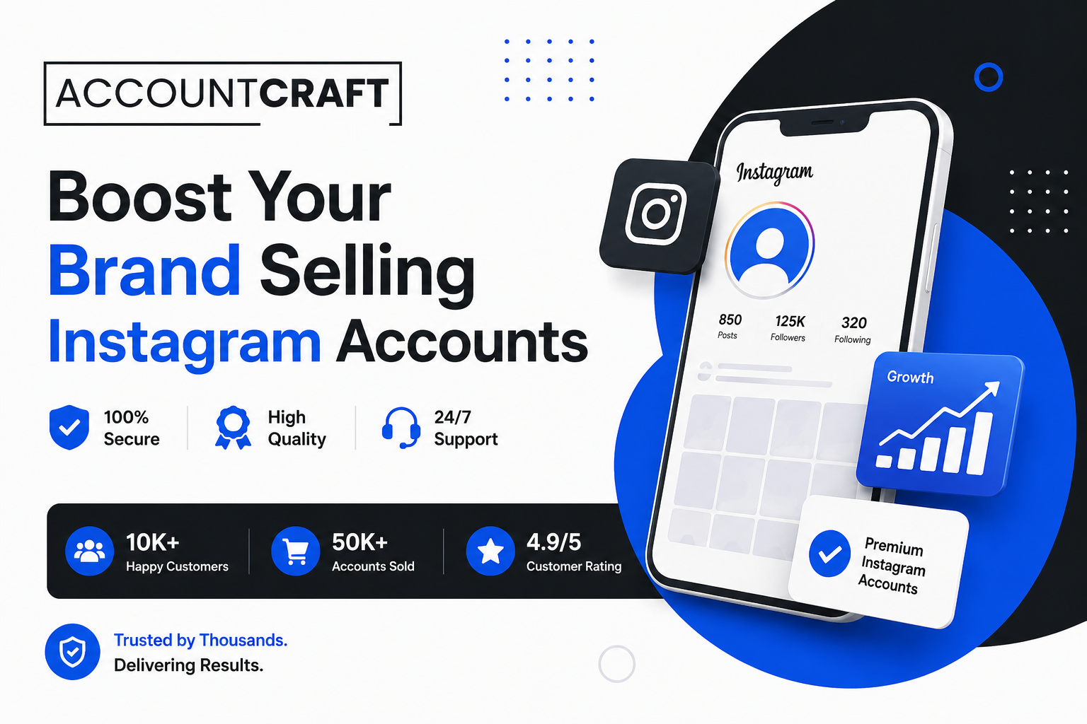 Boost Your Brand Selling Instagram Accounts – Professional AccountCraft banner featuring premium Instagram account marketplace, brand growth solutions, secure transactions, and trusted account selling services in blue, black, and white theme.