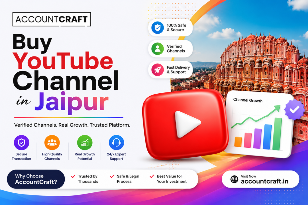Buy YouTube Channel in Jaipur – Professional AccountCraft banner featuring verified YouTube channels, Jaipur city landmark, channel growth analytics, secure transactions, and multicolor digital marketing design.