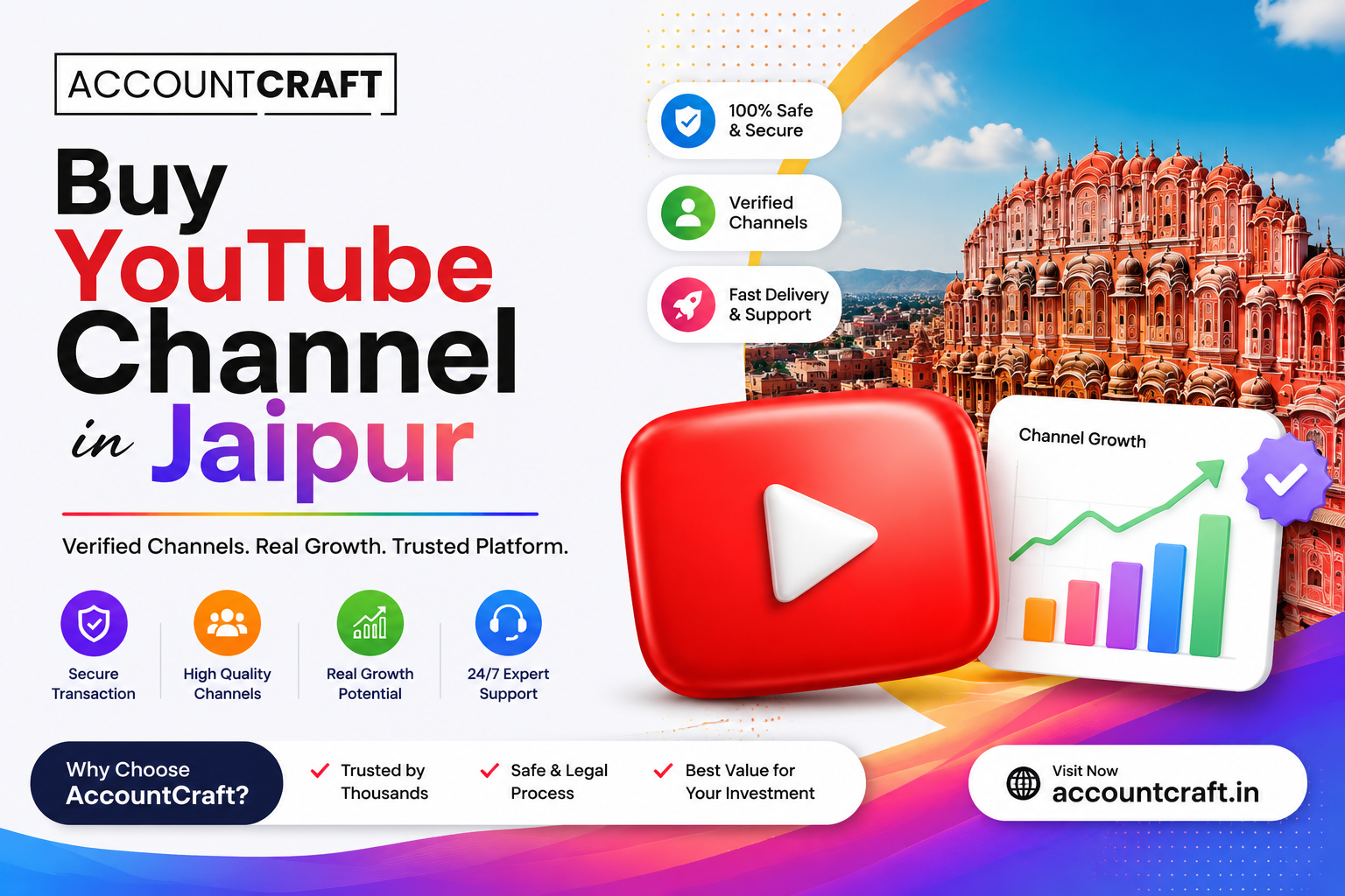 Buy YouTube Channel in Jaipur – Professional AccountCraft banner featuring verified YouTube channels, Jaipur city landmark, channel growth analytics, secure transactions, and multicolor digital marketing design.