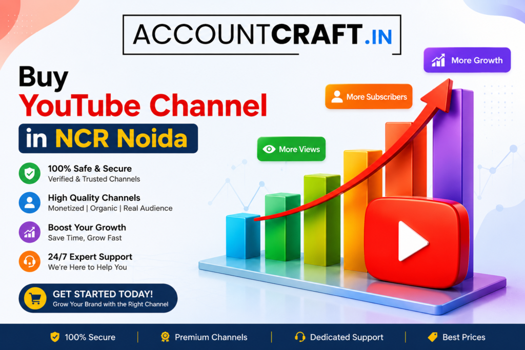 Buy YouTube Channel in NCR Noida with secure transfer, monetized channels, growth analytics bar chart, and AccountCraft professional channel marketplace services.